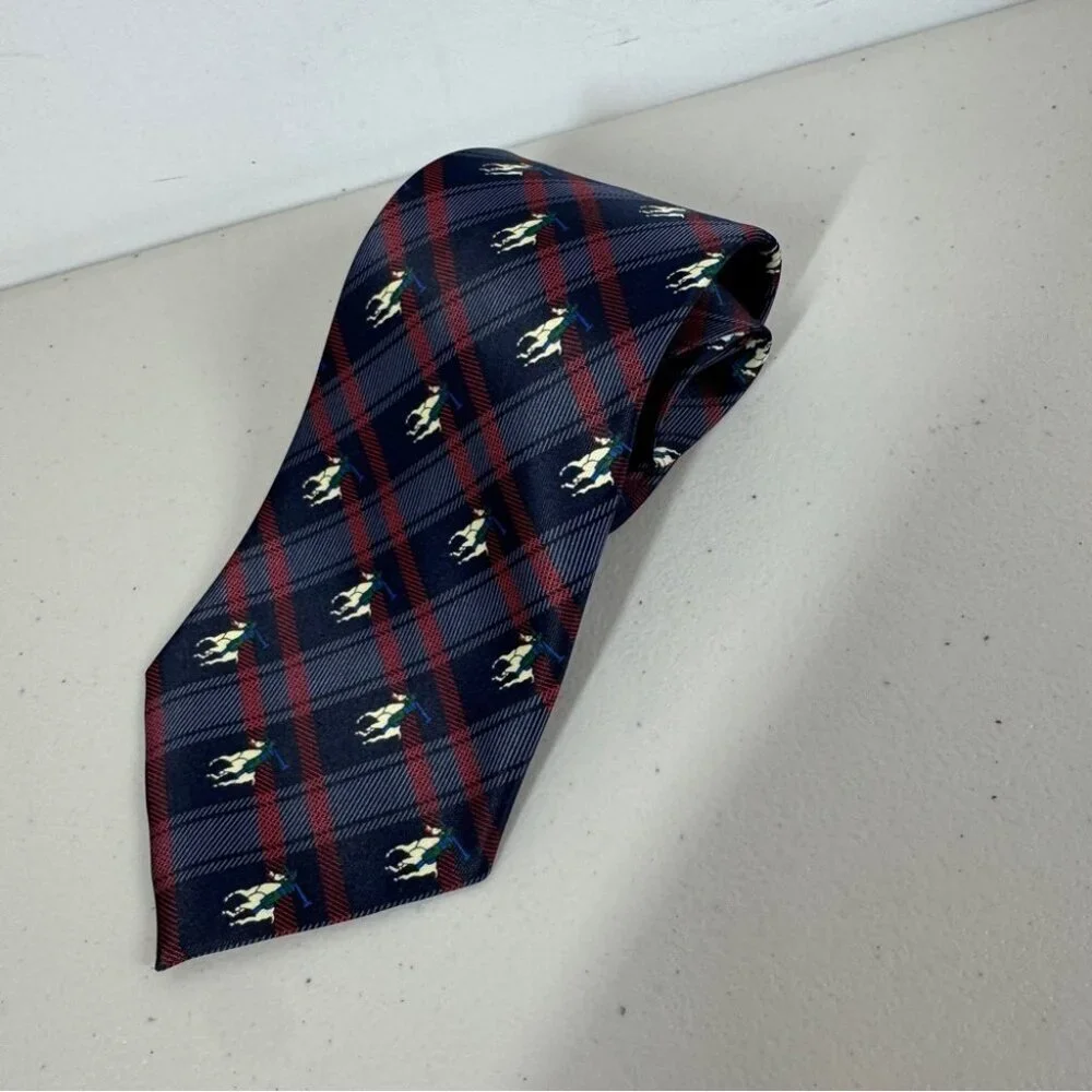 René Chagal Silk Polo Horse Tie Navy Plaid Equestrian Designer Necktie